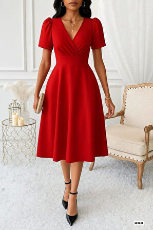 Kadın Kruvaze Yaka Kısa Kollu Midi Boy Krep Kumaş Elbise