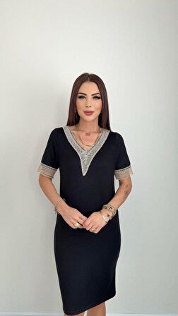 Kadın V Yaka Güpürlü İki İplik Elbise
