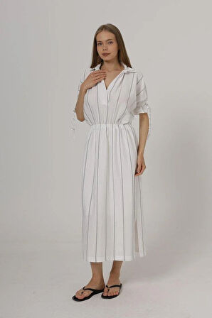 Beli Lastikli Elbise - Beyaz