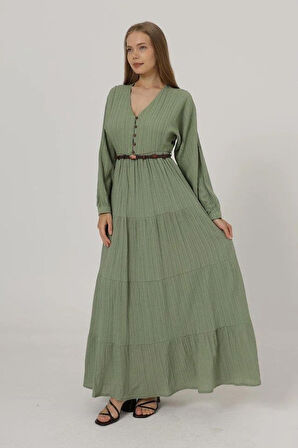 Önü Yarım Düğmeli Uzun Kol Kemerli Elbise - Haki