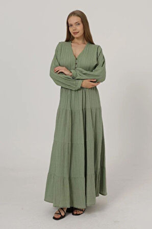 Önü Yarım Düğmeli Uzun Kol Kemerli Elbise - Haki