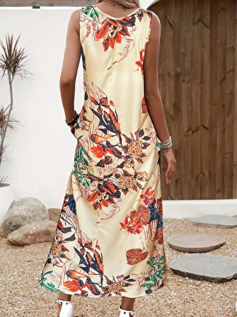 Kadın Askılı Yuvarlak Yaka Cepli Desenli Süprem Elbise