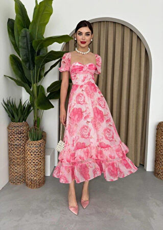 ŞİFON KUMAŞ DİJİTAL DESEN BASKILI ELBİSE