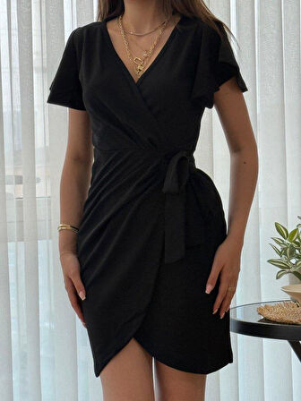 Kadın Kısa Kollu Kruvaze Yakalı Belden Bağlamalı Ithal Krep Elbise