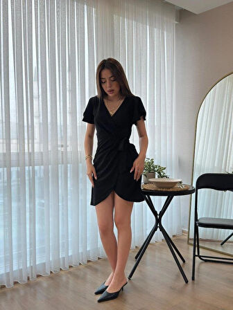 Kadın Kısa Kollu Kruvaze Yakalı Belden Bağlamalı Ithal Krep Elbise