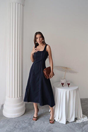 Lacivert Çift Dikişli Gabardin Elbise