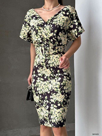 Kadın Dalgıç Kumaş V Yaka çiçek Desenli Kuşaklı Kalem Elbise