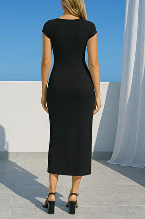 Kadın Sandy Kumaş Metal Toka Detaylı Midi Boy Elbise