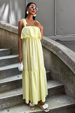 Etek Ucu Brode Nakışlı Boyundan Bağlamalı Elbise 2881