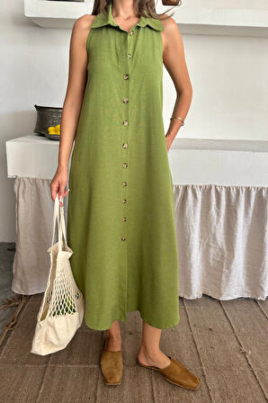 KETEN ÖNDEN DÜĞMELİ KOLSUZ GÖMLEK YAKA ELBİSE - Yağ Yeşili