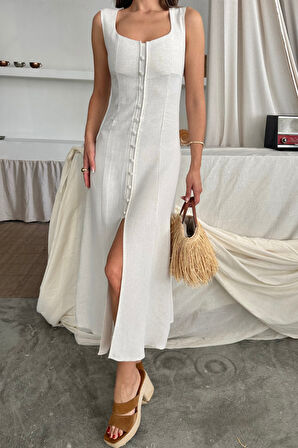 KETEN KOLSUZ KARE YAKA DÜĞME DETAYLI ELBİSE - Beyaz