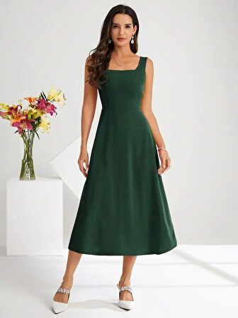 Kadın Askılı Kare Yakalı Midi Ithal Krep Elbise