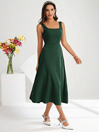 Kadın Askılı Kare Yakalı Midi Ithal Krep Elbise