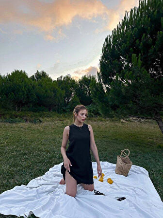 Kadın Keten Kumaş Kolsuz Mini Boy Elbise