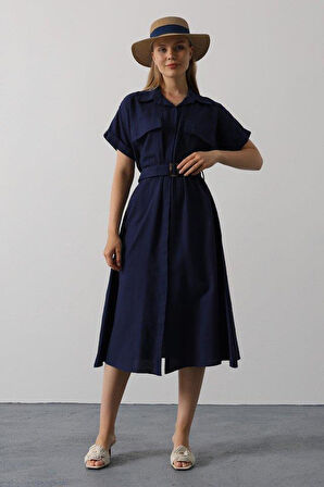 Kuşaklı Cep Detaylı Yarım Kol Elbise - Lacivert