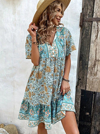 Kadın Kısa Kollu Yakası Bağcıklı önden Düğmeli Fırfır Desenli Süprem Elbise