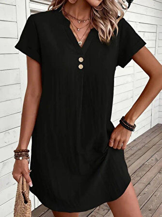 Kadın Kısa Kollu V Yakalı Düğmeli Müslim Kısa Elbise