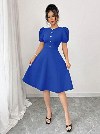 Kadın Kısa Kollu Bisiklet Yaka önden Düğmeli Ithal Krep Elbise