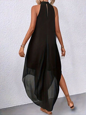 Kadın Omuzlardan Açık Daire Yakalı Astarlı şifon Elbise