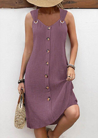 Kadın Askılı V Yakalı önden Düğmeli Narin Elbise