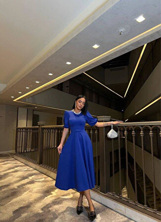 Kadın Bisiklet Yaka Kısa Kol Lastik Detay Uzun Elbise