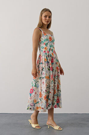 Çiçek Desenli Askılı Elbise - Pembe Çiçek