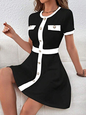 Kadın Kısa Kollu Bisiklet Yaka önden Düğmeli Modal Elbise