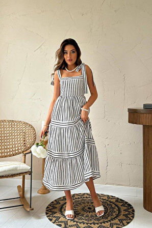 Siyah Omuzdan Bağlamalı Çizgili Elbise