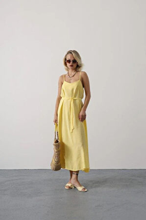 Askılı Basic Uzun Elbise - Sarı