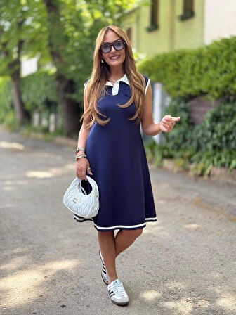 Kadın Ribana Detaylı Sıfır Kol Midi Boy Elbise