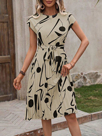 Kadın Kısa Yarasa Kollu Yuvarlak Yaka Beli Büzgülü Süprem Elbise