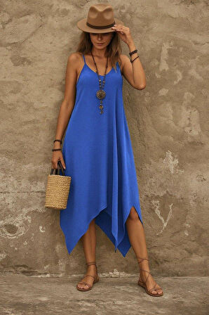 Kadın Askılı V Yakalı Cep Detaylı Asimetrik Kesim Viskon Elbise