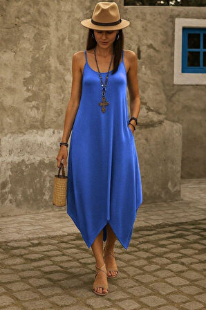 Kadın Askılı V Yakalı Cep Detaylı Asimetrik Kesim Viskon Elbise