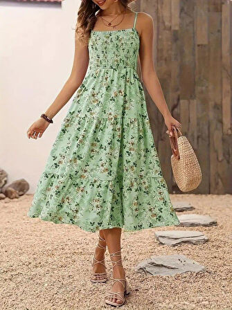 Kadın Ip Askılı Geniş V Yakalı Desenli Uzun Süprem Elbise