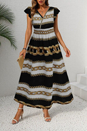 Kadın Kısa Kollu Kruvaze Yakalı Beli Lastikli Desenli Maksi Boy örme Krep Elbise