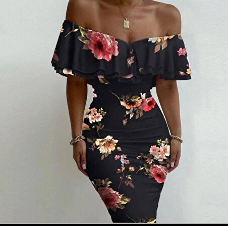 Kadın Madonna Yaka çiçek Baskılı Volan Detay Kalem Elbise