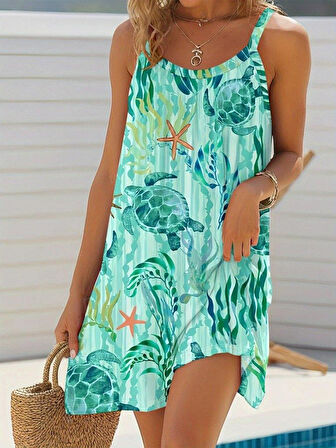 Kadın Askılı Yuvarlak Yaka Kaplumbağa Desenli Süprem Elbise