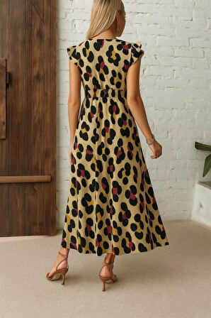 Kadın Kısa Kollu V Yakalı Desenli Yandan Yırtmaçlı Süprem Elbise