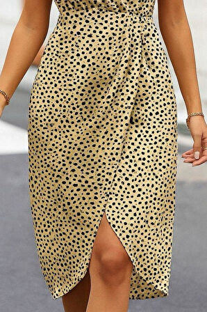 Kadın Sıfır Kol Kruvaze Yaka önden çapraz Kesim Detaylı Desenli Oysho Süprem Elbise