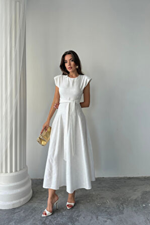JAKAR KETEN VATKALI ELBİSE - Beyaz