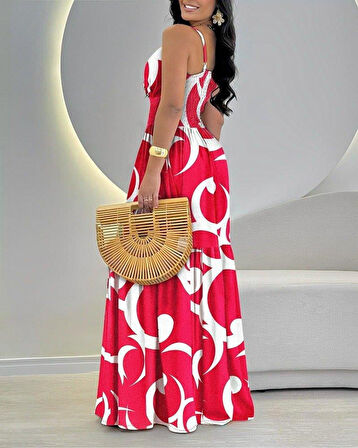 Kadın Ip Askılı Dekolteli Bağcıklı Yırtmaçlı Desenli Süprem Elbise