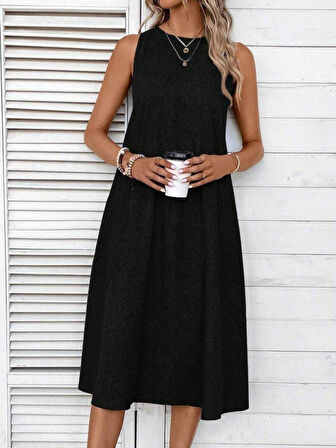 Kadın Kolsuz Bisiklet Yaka Cepli Midi Keten Elbise