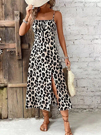 Kadın Askılı Yakadan Bağcıklı Yırtmaçlı Leopar Desenli Midi Süprem Elbise