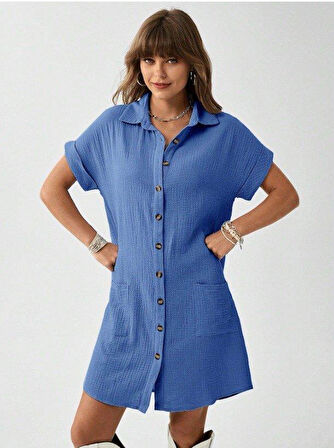 Kadın Cep Detay Müslin Kumaş Mini Gömlek Elbise