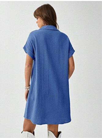 Kadın Cep Detay Müslin Kumaş Mini Gömlek Elbise