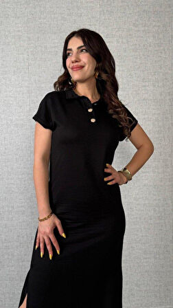 Kadın Kısa Kollu Yakalı Yandan Yırtmaçlı Viskon Iki Iplik Elbise