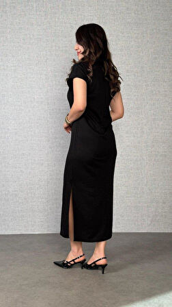 Kadın Kısa Kollu Yakalı Yandan Yırtmaçlı Viskon Iki Iplik Elbise