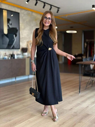 Kadın Sıfır Kollu Bisiklet Yaka Belden Büzgülü Yırtmaç Detaylı Janjan Krep Elbise