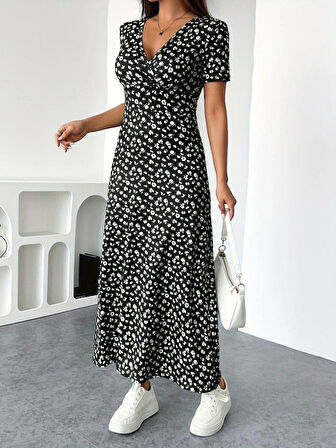 Kadın Kısa Kollu Kruvaze Yakalı çiçek Desenli Süprem Elbise