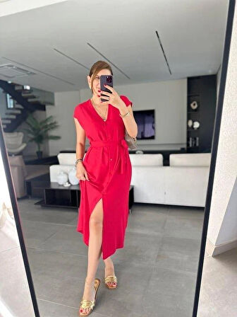 Kadınn V Yaka Düğme Detay Kuşak Dahil Elbise